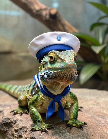 Iguana wearing a sailor's cap and blue necktie.