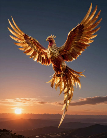 golden eagle flying in the sky at sunset. 3d rendering