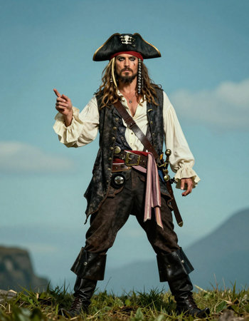 Portrait of a man in a pirate costume on a background of mountains
