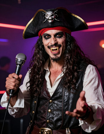 Portrait of a pirate man singing with a microphone in a nightclubの写真素材