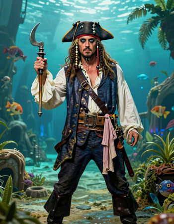 Portrait of a pirate with a sword in his hand in the aquarium