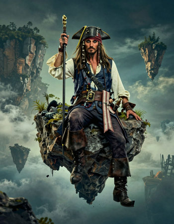 Pirate on top of a mountain with a sword in his handの写真素材