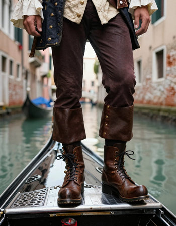 Legs of a man in traditional Venetian clothes on a gondola