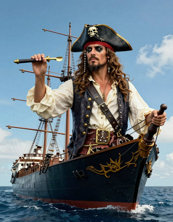 Pirate captain with a sword on a ship in the sea.の写真素材