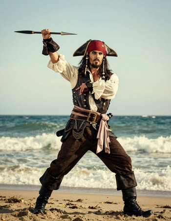 Portrait of a pirate with a sword on the seashore