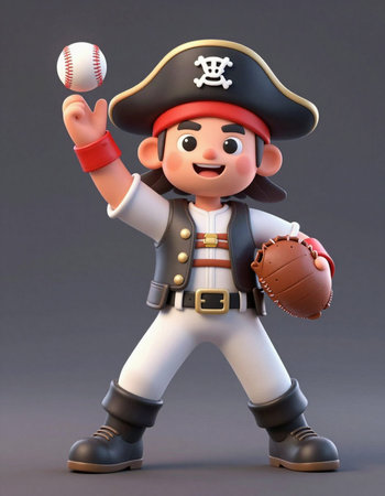 3D illustration of a cartoon pirate with a baseball and a ball