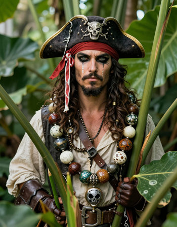Portrait of a man in a pirate costume in the jungle.の写真素材