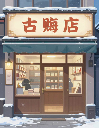 Illustration of a shop in winter with snow and the signboard