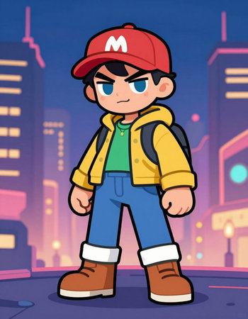 Vector illustration of a boy in a yellow jacket and a cap.