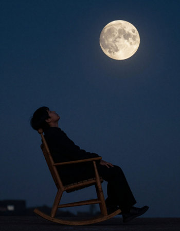 A person sitting in a rocking chair with a full moon in the background