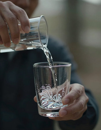 Pouring water from a bottle into a glass on a blurred background