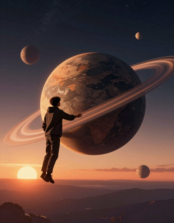 Silhouette of a man standing on the edge of a huge planet.