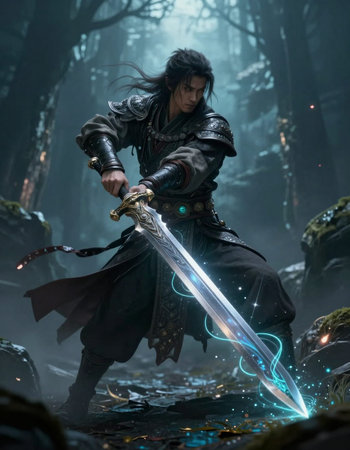 Portrait of a fantasy warrior with a sword in the dark forest