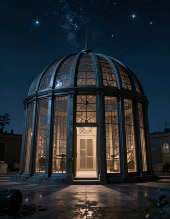 Illuminated gazebo at night with stars in the sky