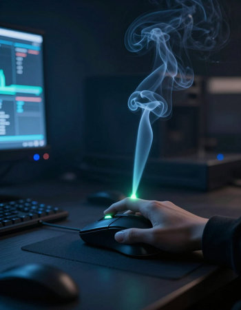 Close up of man's hand using computer mouse with smoke coming out of the screen