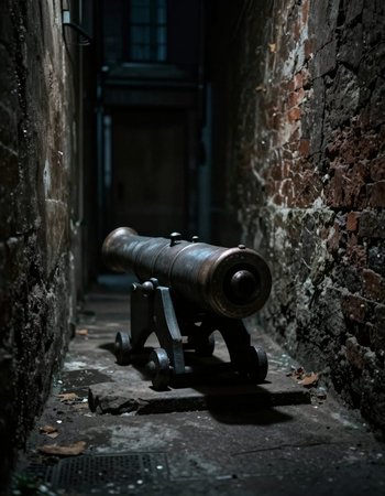 Old cannon in an abandoned building. Selective focus. Toned.