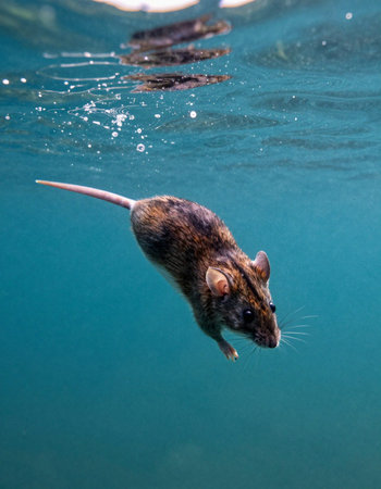 Brown rat swimming in the blue water of the lake, close-up
