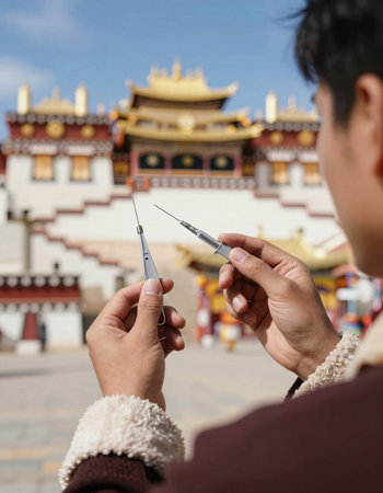 Person holding syringe in front of Buddhist temple, closeup