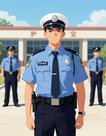 Illustration of a police officer standing in front of a police station