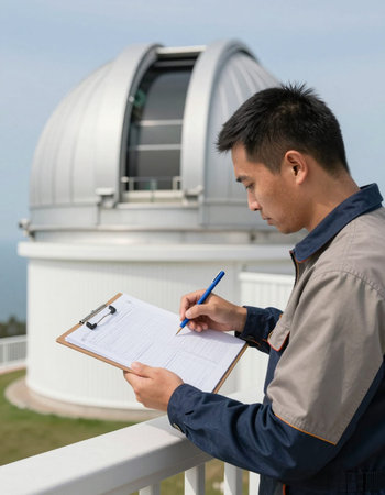 Young man standing at the observatory and writing on a clipboard.