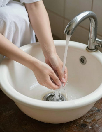 Woman washing her hands with soap in the bathroom, Hygiene concept