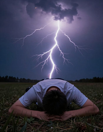 Man lying on the grass and suffering from a lightning strike in the night