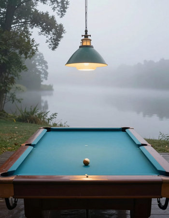 Pool table with a lamp in a foggy morning at the park