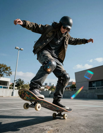 Skateboarder doing a trick on a skateboard outdoors.