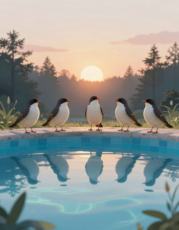 Three penguins standing on the edge of a swimming pool at sunset