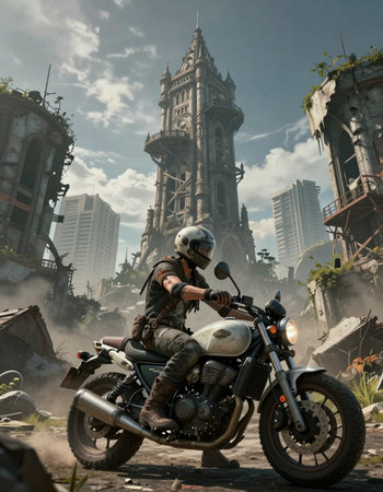 A motorcyclist drives a motorcycle through an urban landscape.