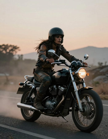 View of a beautiful girl biker on a motorcycle on the road.