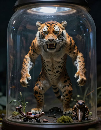 Amur tiger in a glass jar with a toy in the background