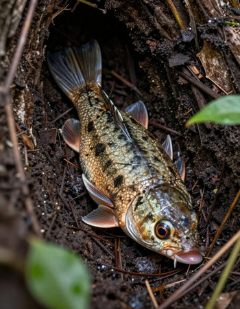 Caught in the nest of a river perch. Close-up.