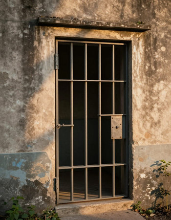 Old window with a lattice on the wall of an abandoned house
