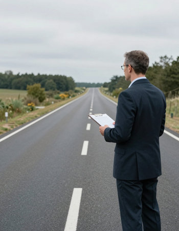 Businessman standing on the road and looking at the road with a clipboardの写真素材
