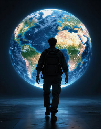 Back view of man with backpack looking at Earth planet.