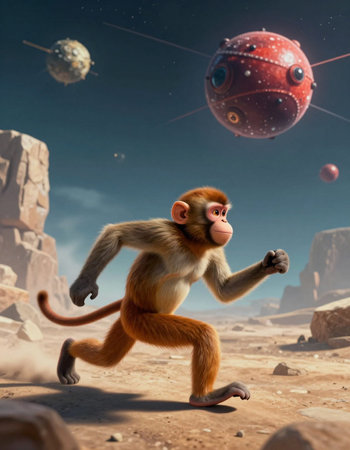 Funny monkey running in space with planets in background. 3d rendering