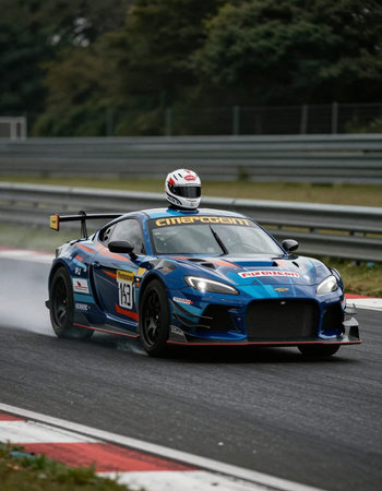 Unidentified driver and racing car on a racetrack.