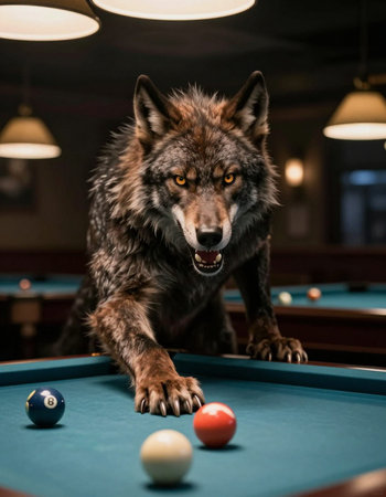 Portrait of a gray wolf playing billiards in a pub