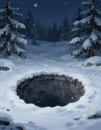 Winter landscape with a hole in the snow and a coniferous forest