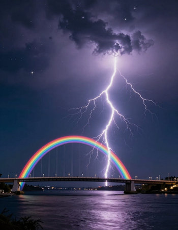 Lightning in the night sky with a rainbow over the river.の写真素材