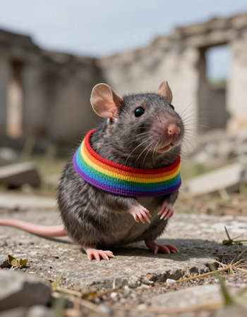 Cute gray rat with a rainbow scarf on his head stands on the ground