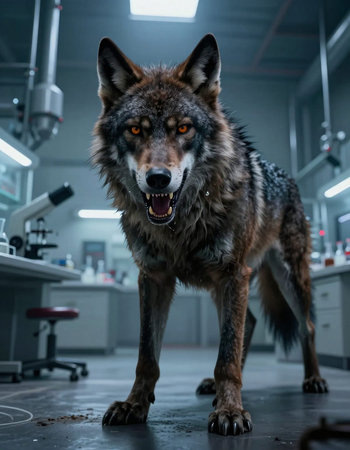 Close up of a wolf standing in a veterinary clinic.