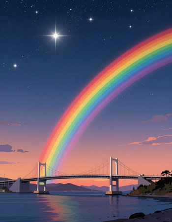 Rainbow over the sea at night.の写真素材