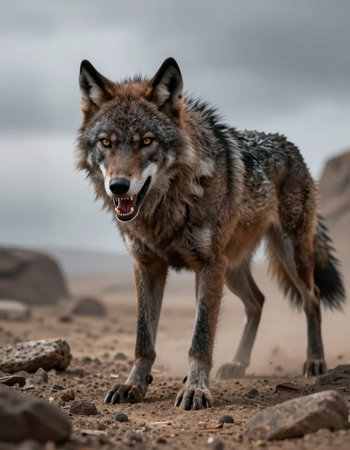 Grey wolf (Canis lupus) standing in the desert