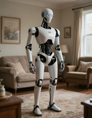Robot in living room at home. Concept of artificial intelligence.の写真素材