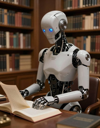 Robot reading a book in the library of a university. Education concept.の写真素材