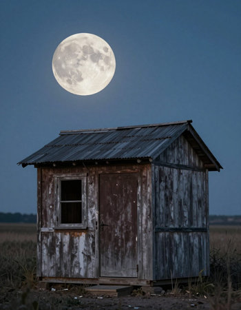 Abandoned house in the field at night with a full moon