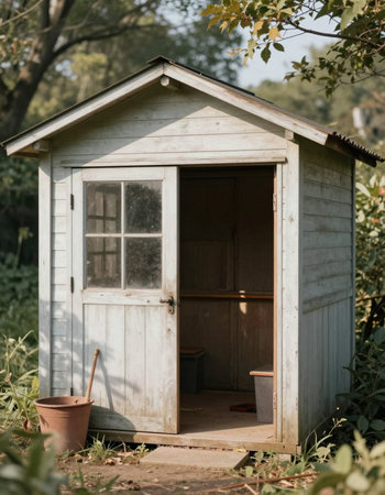 Wooden shed in the garden with a bucket and a shovel.