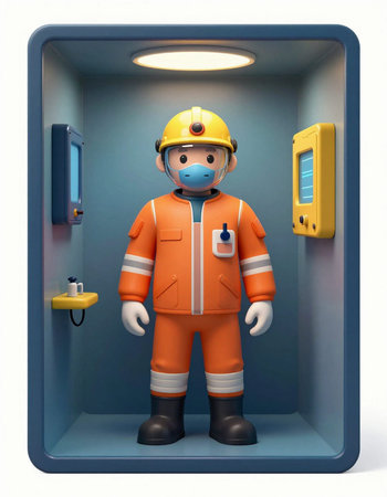 3D illustration of a cartoon character in an elevator